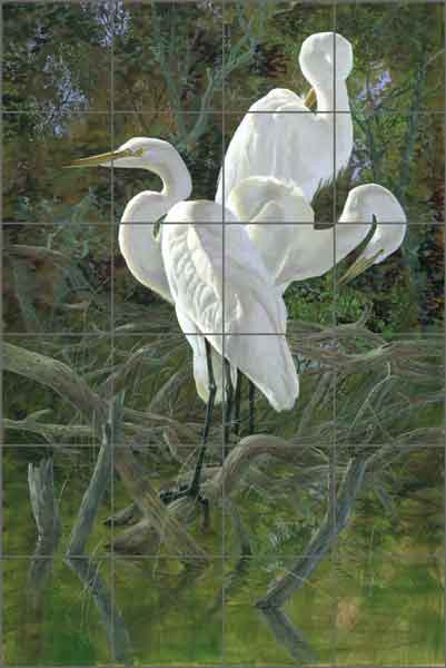 Three Egrets by Robert Binks Ceramic Tile Mural - REB013