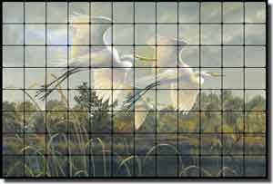 Binks Egrets Birds Tumbled Marble Tile Mural 48" x 32" - REB023