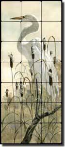 Binks Egret Bird Tumbled Marble Tile Mural 12" x 28" - REB025