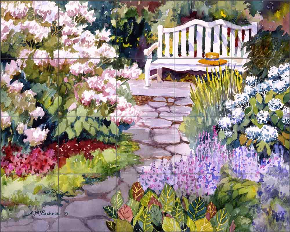 Garden Bench by Ann McEachron Ceramic Tile Mural RW-AM004