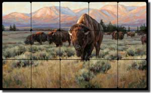 Aldrich Buffalo Bison Tumbled Marble Tile Mural 20" x 12" - RW-EA011