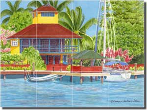 Drew Tropical Waterfront Glass Wall Floor Tile Mural 24" x 18" - RW-EJD006