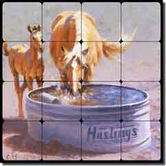 Rey Horses Equine Tumbled Marble Tile Mural 16" x 16" - RW-JRA004