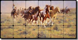Rey Western Horses Tumbled Marble Tile Mural 24" x 12" - RW-JRA006