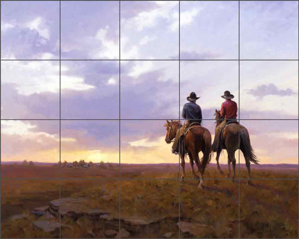 The Home Ranch and Sunset by Jim Rey Ceramic Tile Mural - RW-JRA008