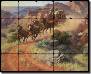 Sorenson Western Stagecoach Tumbled Marble Tile Mural 20" x 16" - RW-JS001