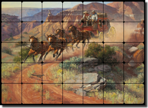 Sorenson Western Stagecoach Tumbled Marble Tile Mural 28" x 20" - RW-JS001