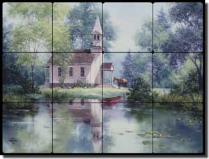 Sorenson Church Landscape Tumbled Marble Tile Mural 16" x 12 - RW-JS002