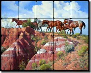 Sorenson Western Horses Tumbled Marble Tile Mural 30" x 24" - RW-JS003