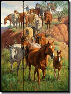 Sorenson Western Horses Tumbled Marble Tile Mural 18" x 24" - RW-JS004