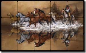 Stolen Horses by Jack Sorenson Tumbled Marble Tile Mural 20" x 12" - RW-JS007