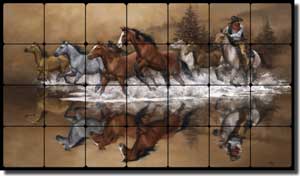Stolen Horses by Jack Sorenson Tumbled Marble Tile Mural 28" x 16" - RW-JS007