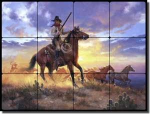Sorenson Western Cowboy Tumbled Marble Tile Mural 24" x 18" - RW-JS012