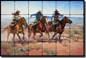 Sorenson Western Cowboys Tumbled Marble Tile Mural 24" x 16" - RW-JS013