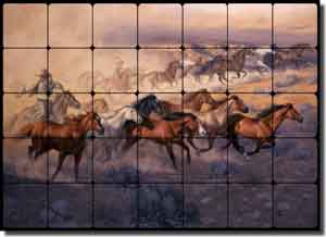 Sorenson Western Horses Tumbled Marble Tile Mural 28" x 20" - RW-JS038