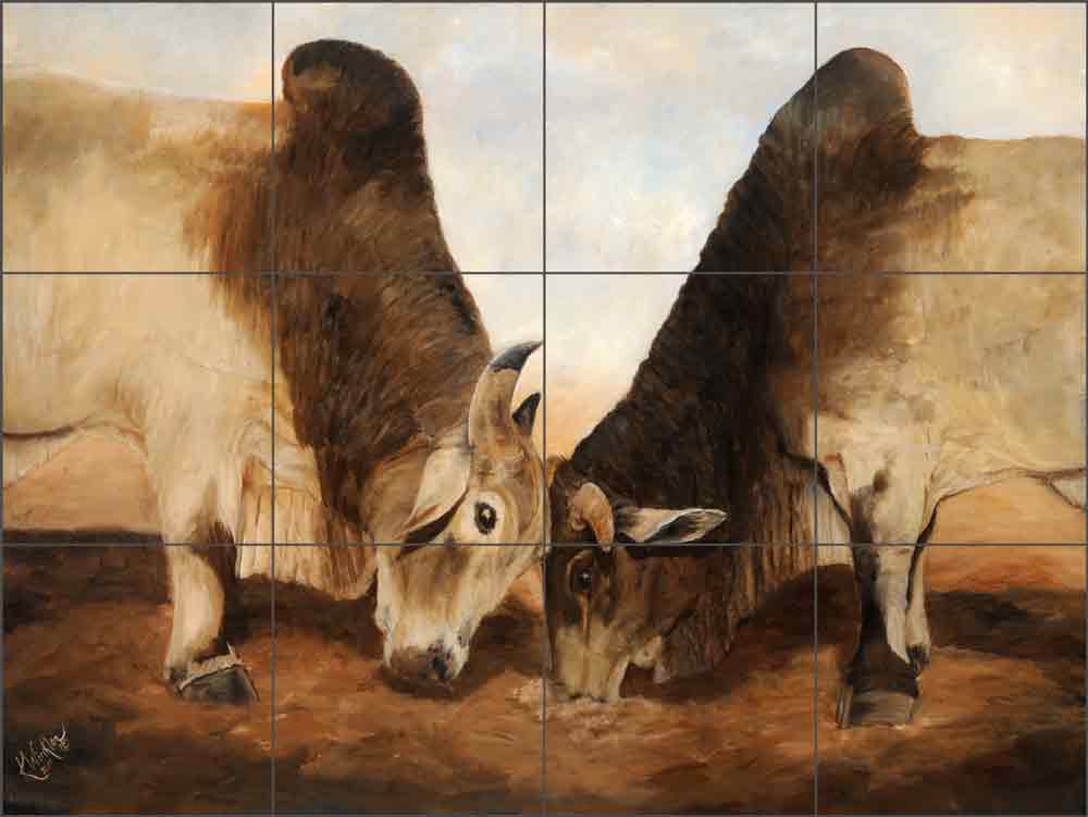 Battle of the Bulls I by Kathy Winkler Ceramic Tile Mural RW-KW015