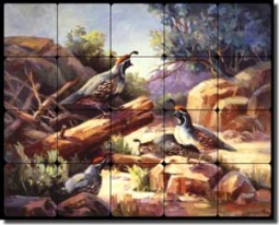 Johnston Southwest Quail Tumbled Marble Tile Mural 30" x 24" - RW-MJA005