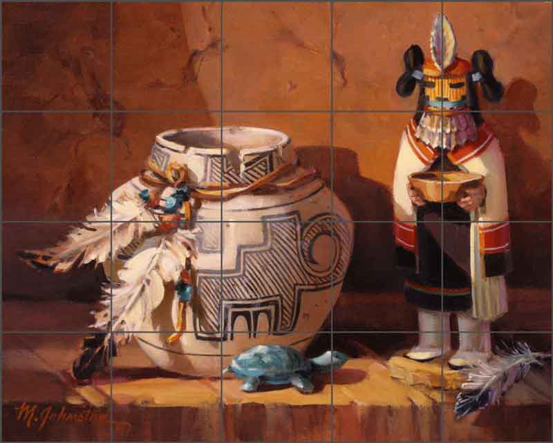 Kachina Man with Zuni Pot by Maxine Johnston Ceramic Tile Mural RW-MJA017