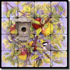 Matcham Chickadee Apple Tumbled Marble Tile Mural 16" x 16" - RW-MM002