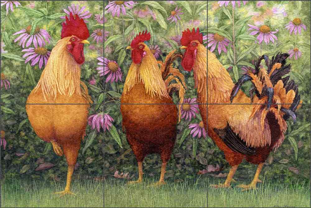 Matcham Roosters Glass Tile Mural 18" x 12" - RW-MM004