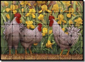 Matcham Roosters Tumbled Marble Tile Mural 28" x 20" - RW-MM005