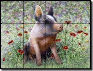Matcham Pig Animal Tumbled Marble Tile Mural 24" x 18" - RW-MM006