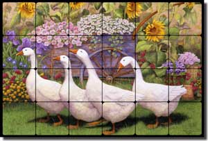 Matcham Goose Geese Tumbled Marble Tile Mural 24" x 16" - RW-MM008