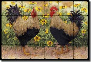 Matcham Rooster Art Tumbled Marble Tile Mural 24" x 16" - RW-MM014