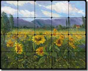 Sunflower Fields by Nanette Oleson Tumbled Marble Tile Mural 20" x 16" - RW-NO013