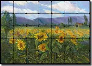 Sunflower Fields by Nanette Oleson Tumbled Marble Tile Mural 28" x 20" - RW-NO013