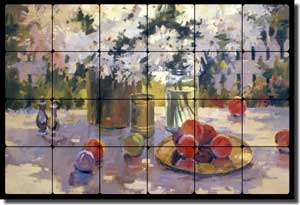 Songer Peaches Daisies Tumbled Marble Tile Mural 24" x 16" - RW-SSA007