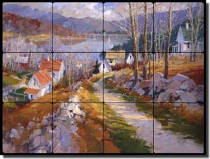 Songer Lake Landscape Tumbled Marble Tile Mural 24" x 18" - RW-SSA009