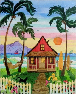 Hati's Red Hut by Robin Wethe Altman Ceramic Tile Mural RWA057