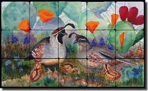 Libby Quail Poppies Art Tumbled Marble Tile Mural 20" x 12" - SLA001