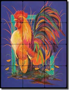 Libby Rooster Tumbled Marble Tile Mural 18" x 24" - SLA002