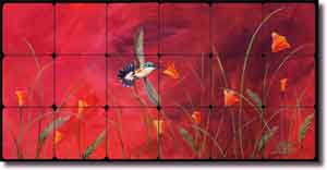 Summer Reds by Susan Libby - Bird Tumbled Marble Tile Mural 24" x 12"