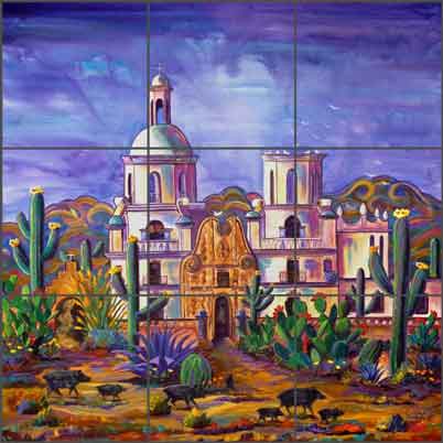 San Xavier Mission Visitors by Susan Libby Ceramic Tile Mural - SLA007