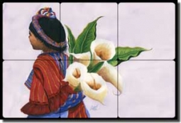 Libby Lily Flower Tumbled Marble Tile Mural 18" x 12" - SLA014