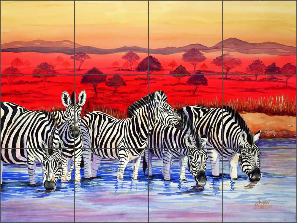 Libby Animals Zebras Glass Wall Floor Tile Mural 24" x 18" - SLA015