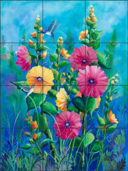 Summer Hollyhocks by Susan Libby Ceramic Tile Mural SLA059