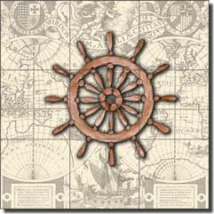 Mullen Nautical Ship's Wheel Ceramic Tile Mural 12.75" x 12.75" - SM028