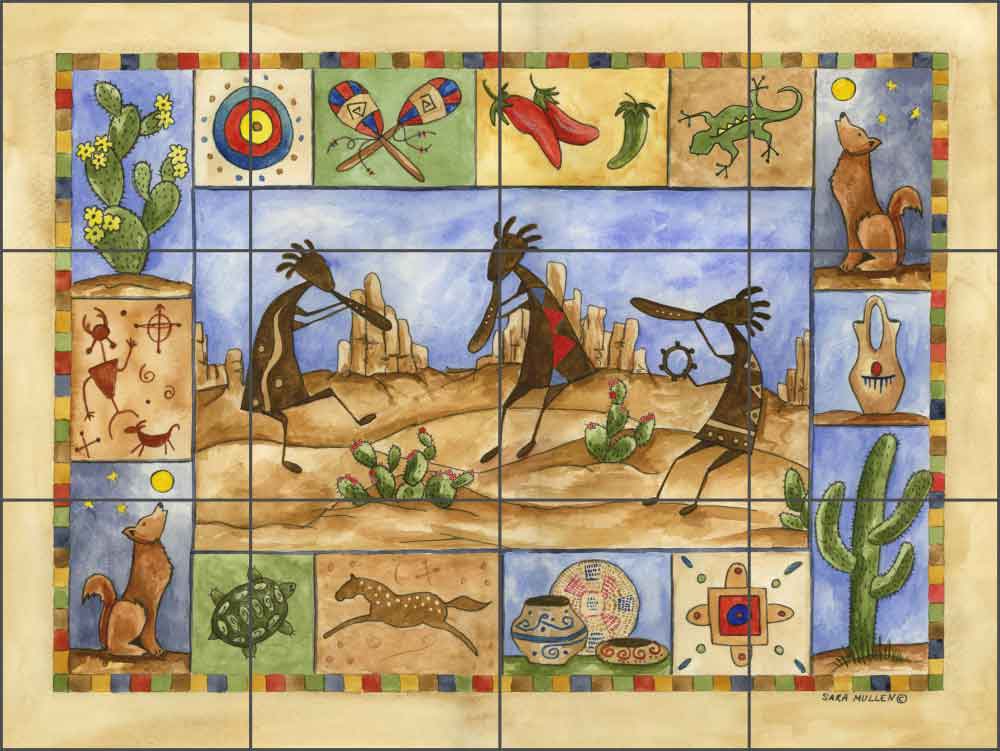 Kokopelli Sampler by Sara Mullen Ceramic Tile Mural - SM041