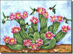 Cactus with Hummingbirds by Sara Mullen Ceramic Accent Tile 8" x 6" - SM049AT