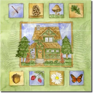Cabin in the Woods by Sara Mullen - Lodge Art Tumbled Marble Tile Mural 16" x 16" Kitchen Shower Bac