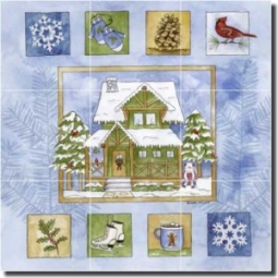 Cabin in the Woods II by Sara Mullen - Lodge Art Tumbled Marble Tile Mural 16" x 16" Kitchen Shower