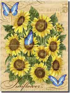 Mullen Sunflowers Butterflies Ceramic Tile Mural 18" x 24" - SM114