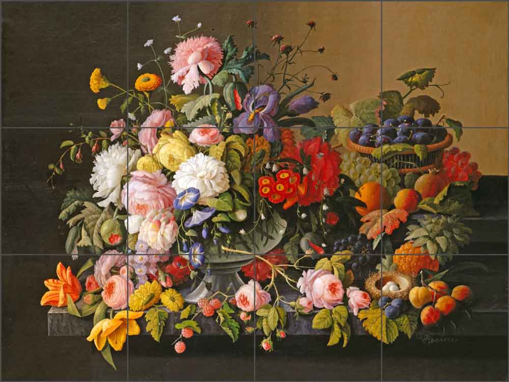 Still Life, Flowers and Fruit by Severin Roesen Ceramic Tile Mural - SR003