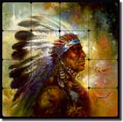 duBois Native American Chief Tumbled Marble Tile Mural 16" x 16" - TDA008