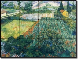 Field with Poppies by Vincent van Gogh - Floral Flowers Tumbled Marble Tile Mural 18" x 24" Kitchen