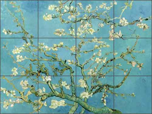 Art van Gogh Blossoming Almond Tumbled Marble Mural Backsplash Bath Tile #2158 